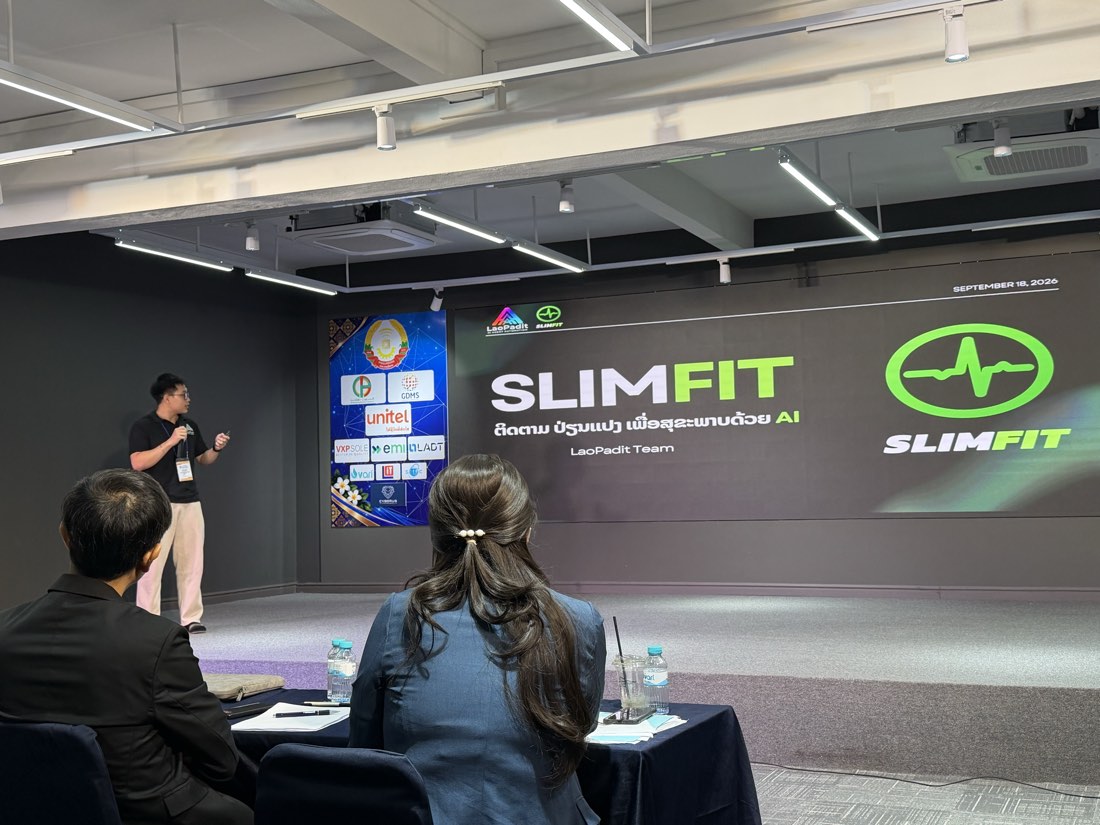 LaoPadit presenting SlimFit on stage at Lao Digital Awards 2026