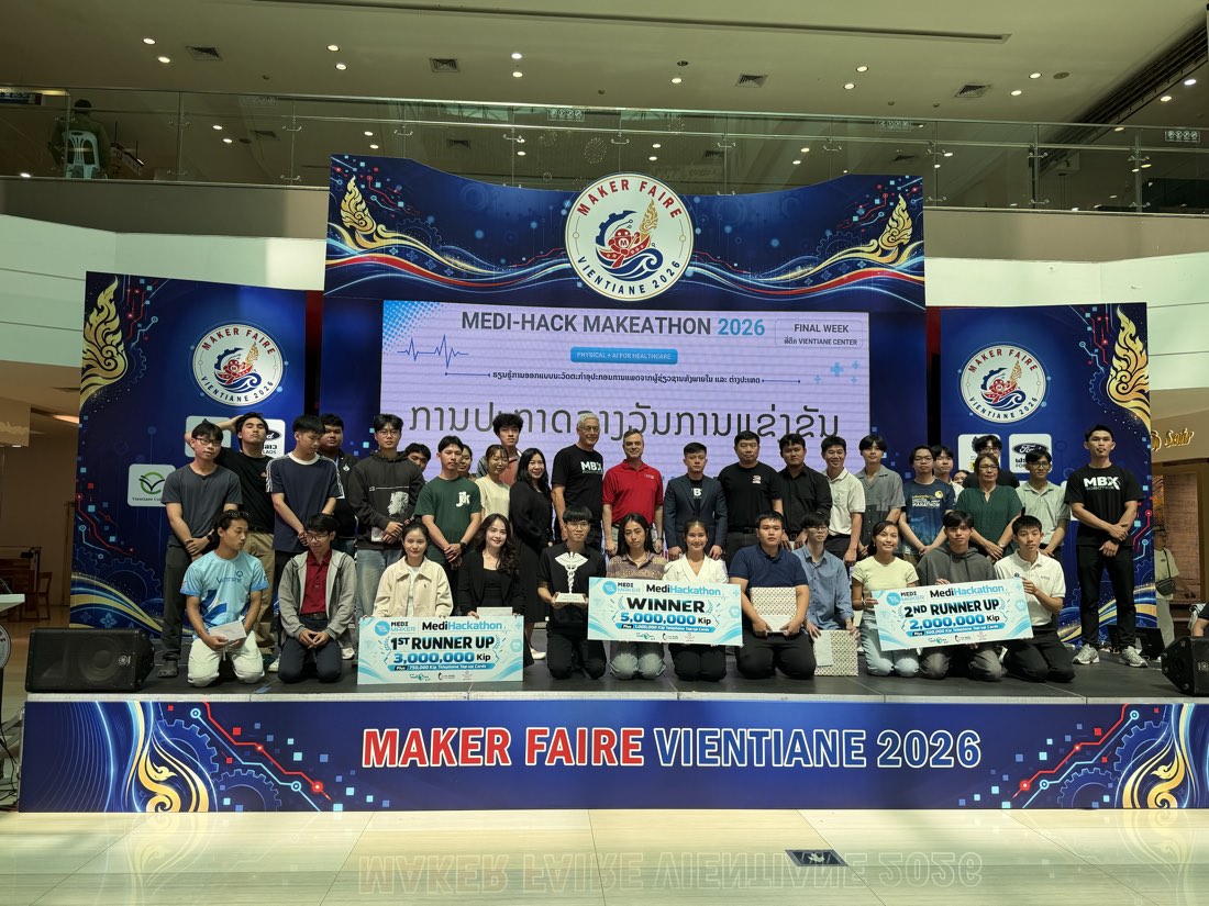All MediHackathon 2026 winners on stage at Maker Faire Vientiane